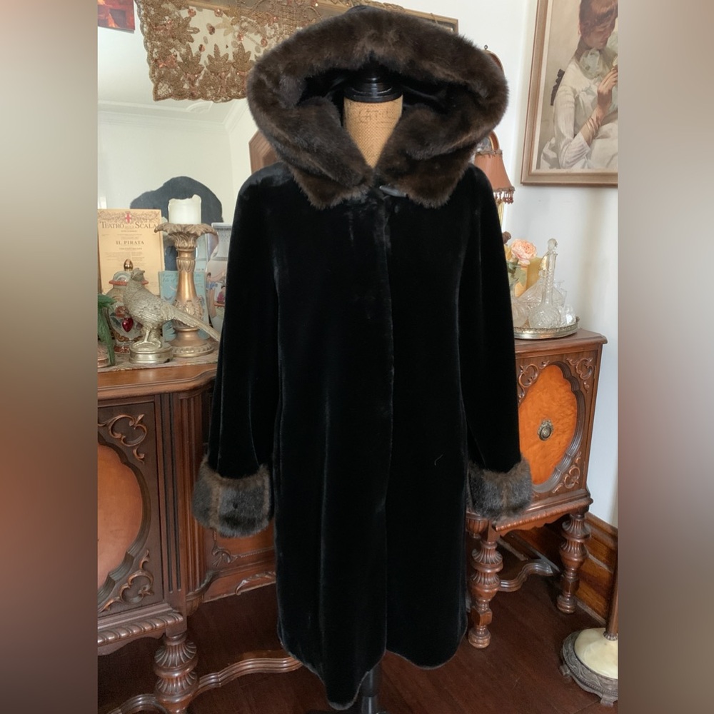 Vintage Mysterious Gothic Victorian-inspired Hooded Calf Length Faux Fur Coat